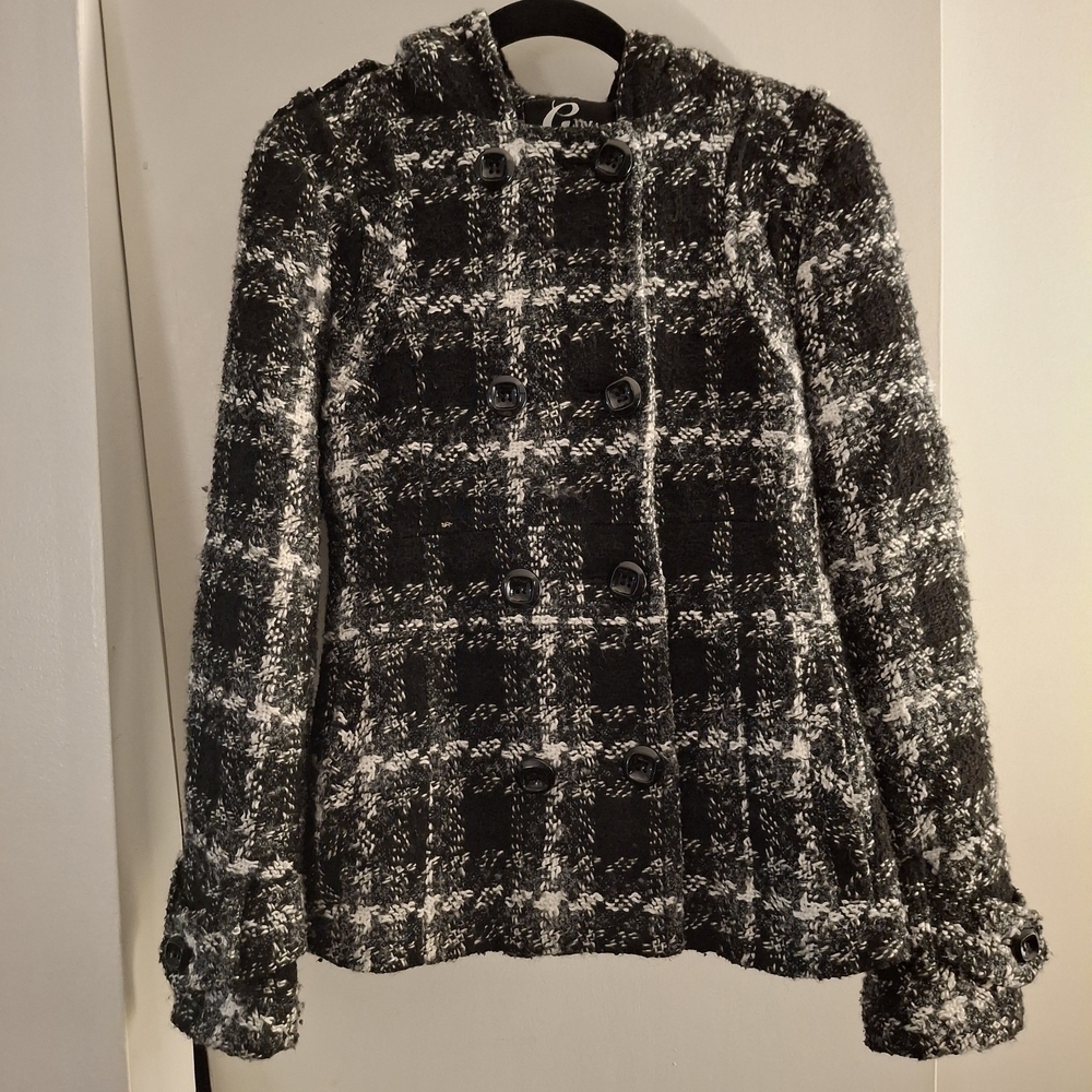 G By Guess Chic Women's Black and White Textured Fabric Hoodie Jacket